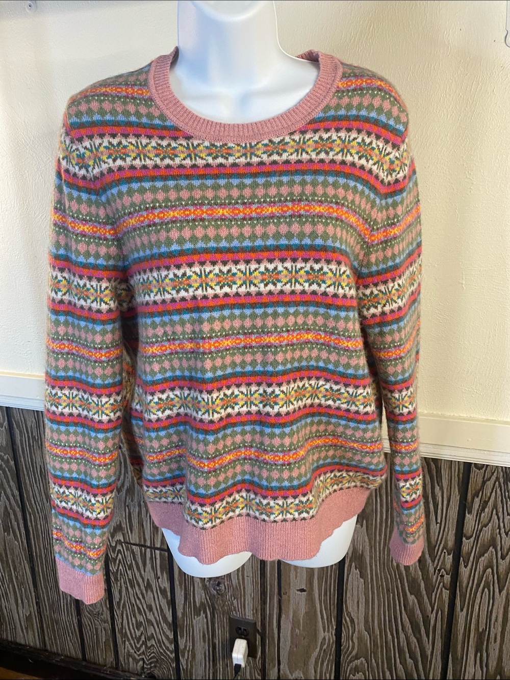 Boden Pink Fair Isle Crewneck Sweater with Multi-Color Stripes